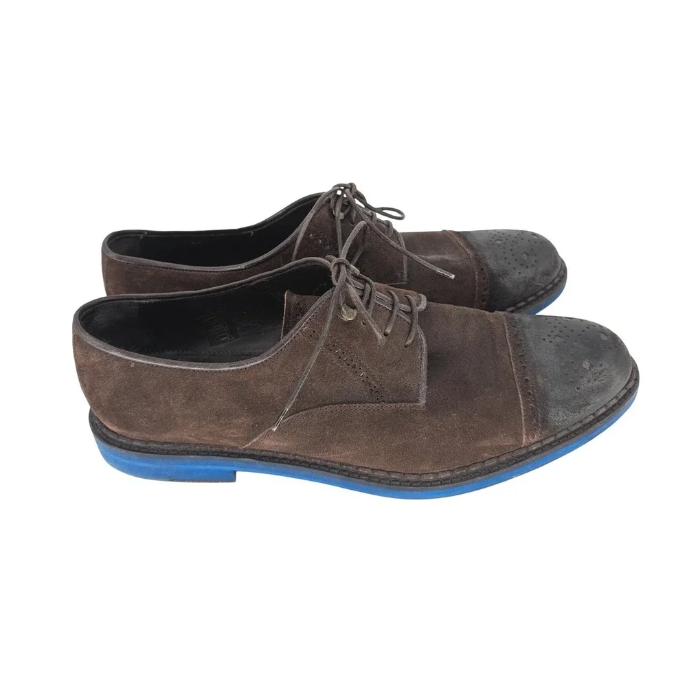 Jimmy Choo Suede Derby Shoes Mens 46 Brown Blue Cap Toe Made in Italy‎ Luxury